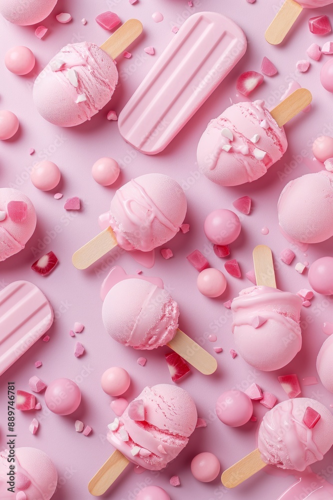 Assorted pink ice creams on a pastel background, summer dessert concept. Assorted pink ice creams on a pastel background, summer dessert concept.