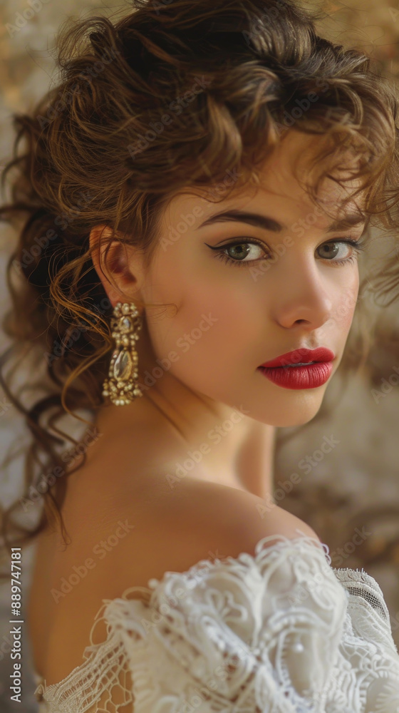 This Stunning Portrait Depicts a Woman With Beautiful Curly Brown Hair and Bold Red Lipstick, Capturing Her Striking Beauty This Stunning Portrait Depicts a Woman With Beautiful Curly Brown Hair and Bold Red Lipstick, Capturing Her Striking Beauty
