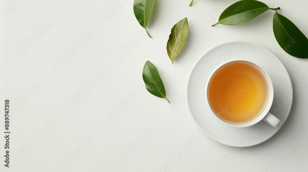Top view mockup of a cup of tea and tea leaves on a white desk Free space provided for text Top view mockup of a cup of tea and tea leaves on a white desk Free space provided for text