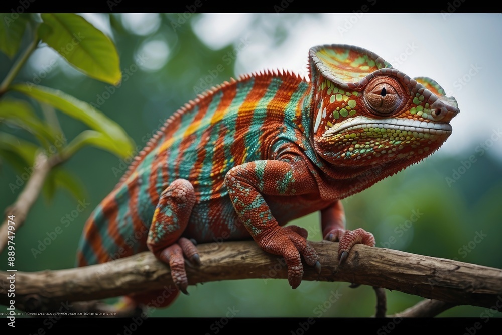 chameleon panther on a branch tree over a blurry nature background chameleon panther on a branch tree over a blurry nature background