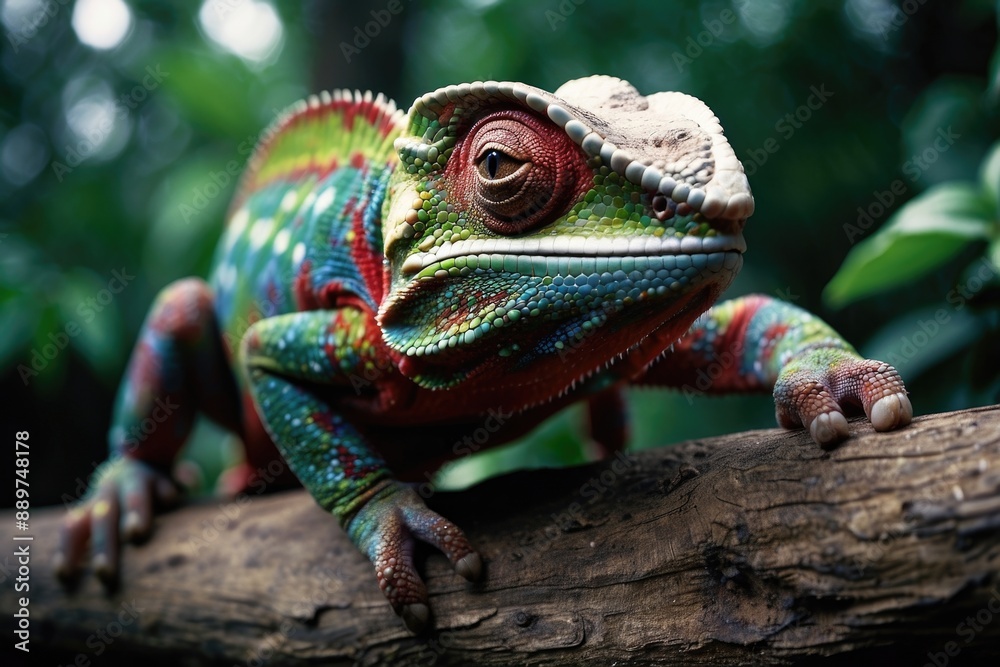 chameleon panther on a branch tree over a blurry nature background chameleon panther on a branch tree over a blurry nature background