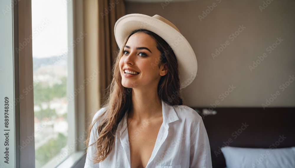 young adult woman wearing stylish sun hat and white shirt, in hotel room in rural, bed, standing at the window, vacation and travel, caucasian age 26 -34 young adult woman wearing stylish sun hat and white shirt, in hotel room in rural, bed, standing at the window, vacation and travel, caucasian age 26 -34