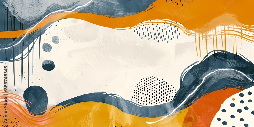 A colorful abstract painting with a blue and orange background. The painting is full of dots and splatters, giving it a chaotic and energetic feel A colorful abstract painting with a blue and orange background. The painting is full of dots and splatters, giving it a chaotic and energetic feel