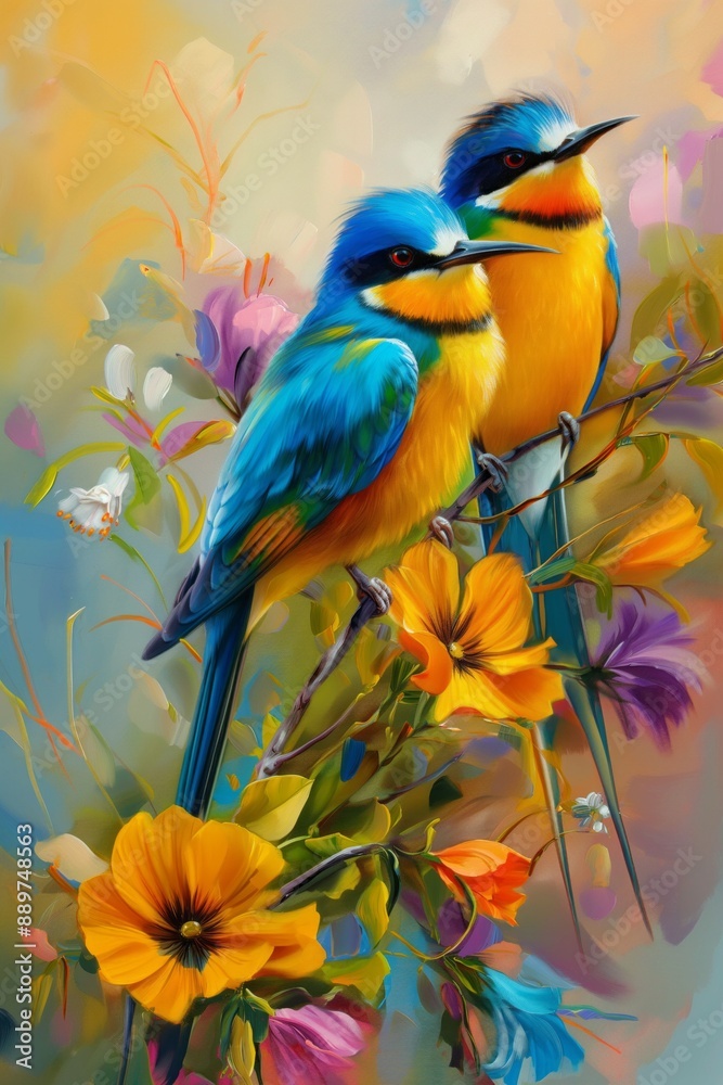 Fototapeta premium Two vibrant birds perched on a branch among colorful flowers. Painted style artistic background
