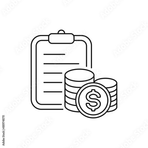 Money checklist. Dollar coins with clipboard icon line style isolated on white background. Vector illustration