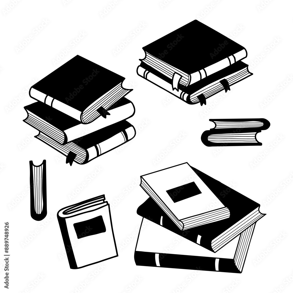 Book doodles. Closed and stacks of folded books collection. Vector illustration. Isolated hand drawing for design and decoration Book doodles. Closed and stacks of folded books collection. Vector illustration. Isolated hand drawing for design and decoration