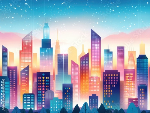 A colorful cityscape at sunset with glowing skyscrapers and a starry sky.