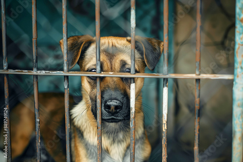 Stray dog caged in a shelter, feeling sad, waiting for adoption