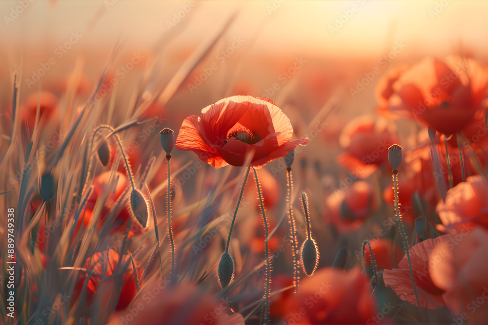 Obraz premium Field with red poppies. Field with red summer flowers in sunset light. Summer concept.