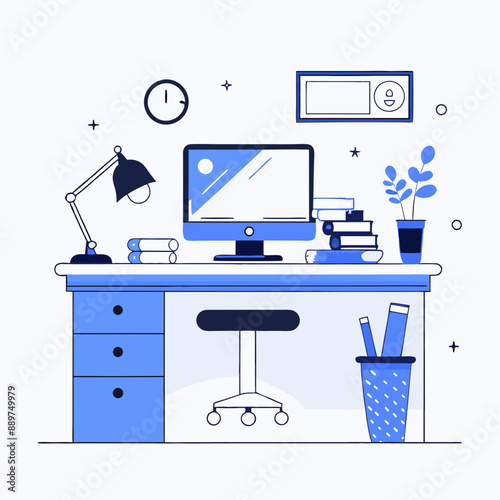 Minimalist Black, blue and White Vector Icon of a desk