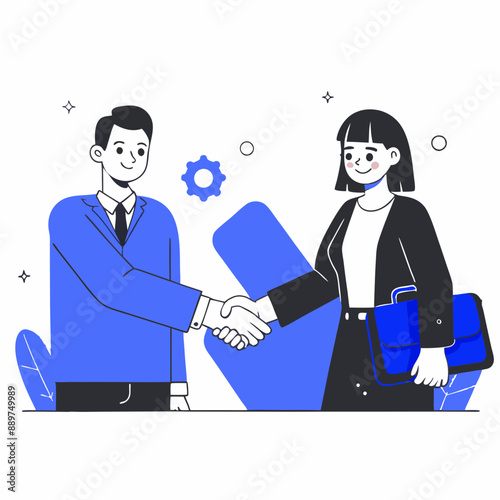 Minimalist Black, blue and White Vector Icon of a handshake.