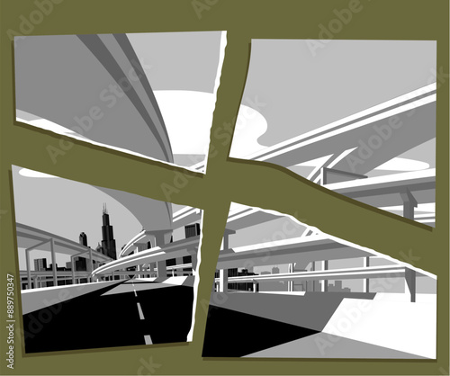 Torn paper card with an image of Highway overpass and city skyline in sun light. Modern urban life conceptual vector illustration. 