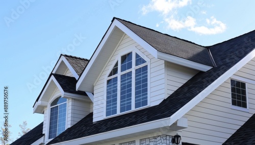 A white house with black roof against the blue sky, showing off its traditional charm and modern style Generative AI