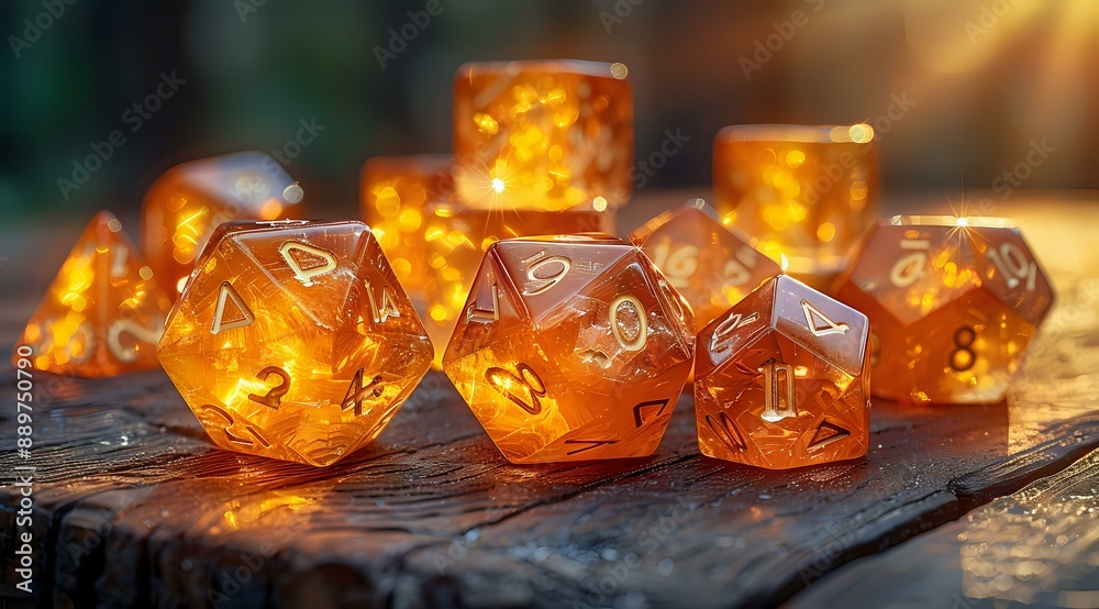 A set of amber-colored polyhedral dice glowing in the warm sunlight, arranged on a rustic wooden surface, creating a magical and inviting atmosphere. Perfect for themes of tabletop gaming, fantasy, A set of amber-colored polyhedral dice glowing in the warm sunlight, arranged on a rustic wooden surface, creating a magical and inviting atmosphere. Perfect for themes of tabletop gaming, fantasy,