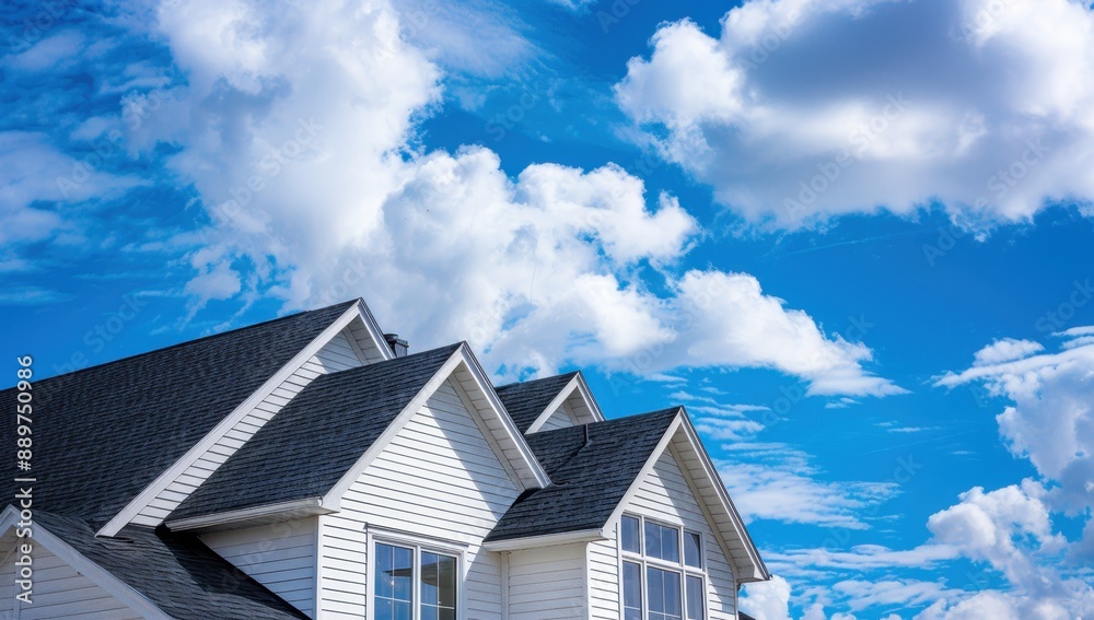 A white house with black roof against the blue sky, showcasing traditional American architecture and a clean aesthetic Generative AI A white house with black roof against the blue sky, showcasing traditional American architecture and a clean aesthetic Generative AI