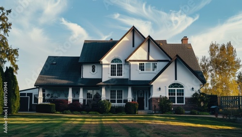 A white house with black roof against the blue sky, real estate photography Generative AI