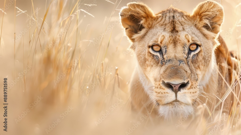 Fototapeta premium Close-up of a majestic puma with a fierce gaze, sitting in golden grass under warm sunlight, representing strength and wilderness.