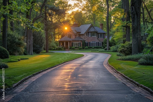 Charming brick house surrounded by trees and lush greenery at the end of a winding driveway, with the setting sun casting a warm glow through the forested landscape
