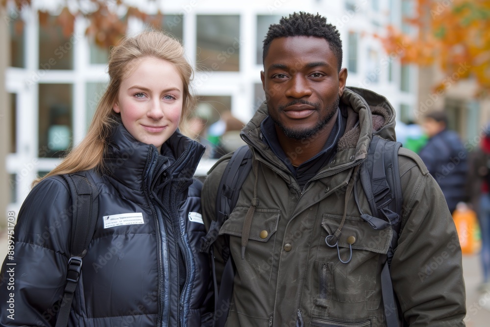 Two young adults smiling at the camera, dressed in outdoor jackets, standing outside a building with autumn leaves in the background Two young adults smiling at the camera, dressed in outdoor jackets, standing outside a building with autumn leaves in the background