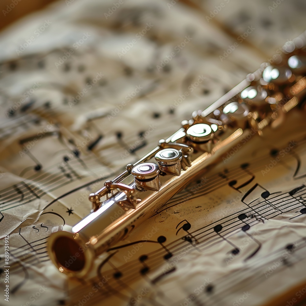 Obraz premium A close-up image of a beautiful silver flute resting on old, yellowed sheet music pages with musical notes, creating a nostalgic and artistic atmosphere