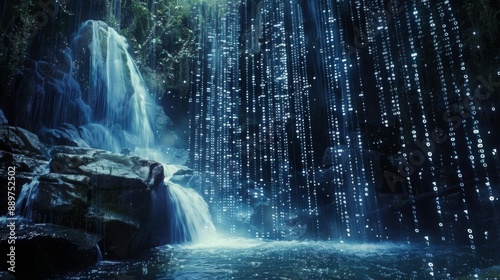 Fototapeta Naklejka Na Ścianę i Meble -  A waterfall cascades down rocks in a lush, dark forest. Behind the waterfall, digital rain falls from the sky, creating a surreal and ethereal scene.