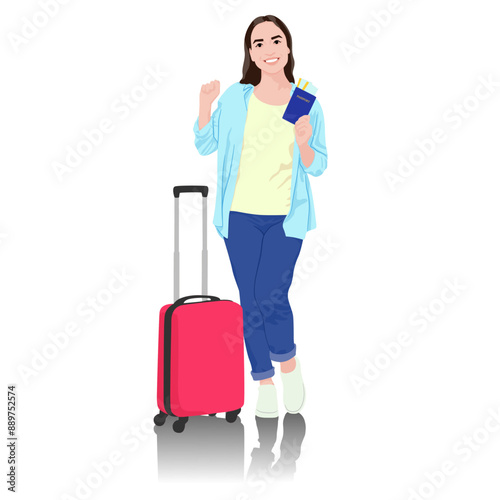 Young woman tourist with passport and tickets celebrating success. Girl in casual clothes with a suitcase. Female traveler goes on a journey. Vector illustration isolated on white	