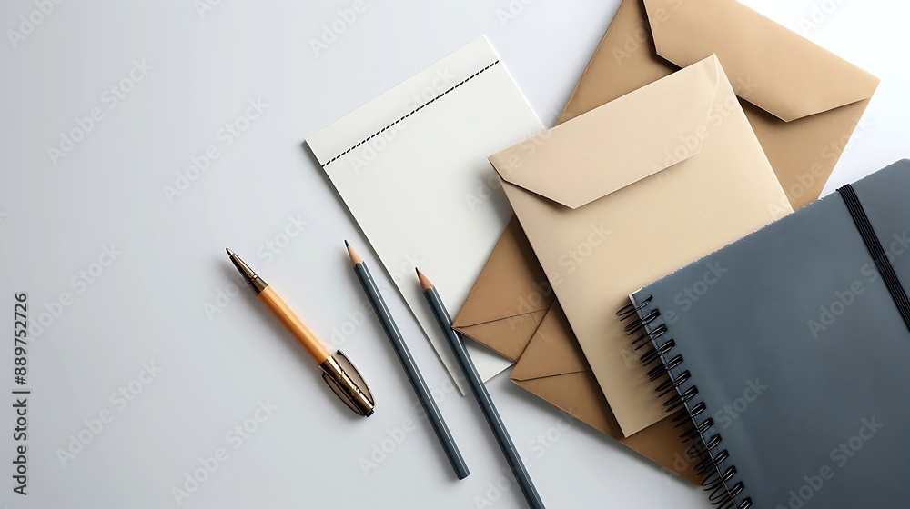 Beautifully designed stationery set with notebooks, pens, and envelopes on a pristine white background. 32k, full ultra HD, high resolution Beautifully designed stationery set with notebooks, pens, and envelopes on a pristine white background. 32k, full ultra HD, high resolution