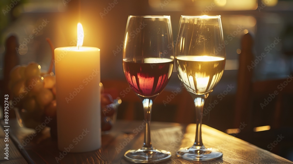 Two glasses of white and red wine are on a table. A candle is shining nearby, and the sunlight is streaming in. Two glasses of white and red wine are on a table. A candle is shining nearby, and the sunlight is streaming in.