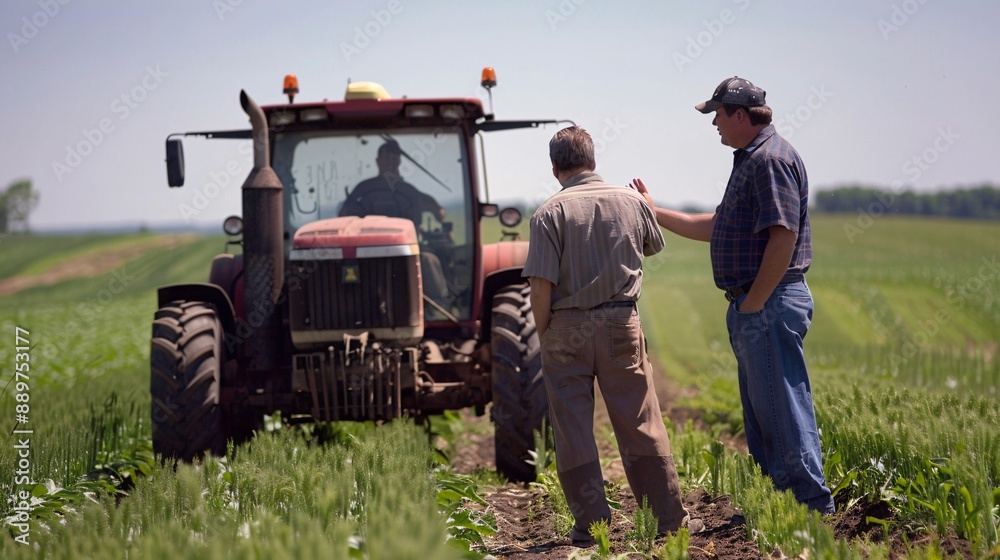 Obraz premium Standing beside a tractor, an Agricultural Business Manager points to a field, explaining crop rotation strategies to a new employee.