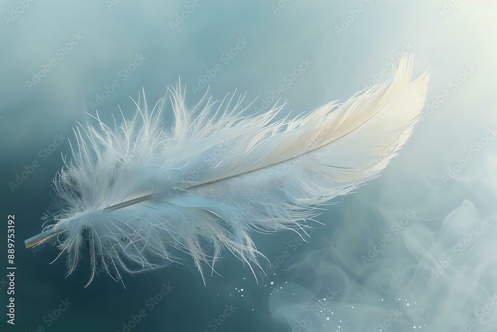 Fototapeta premium Delicate white feather floating gracefully against a soft, misty background, evoking a sense of lightness and tranquility. Ideal for themes of peace, serenity, and nature-inspired designs.