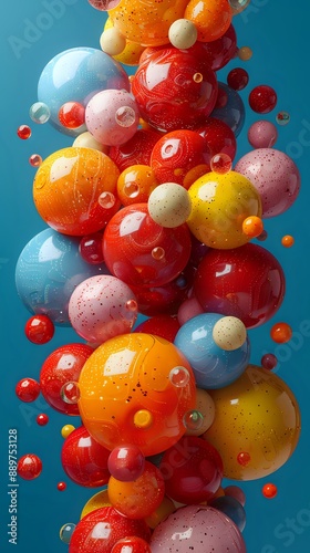 A vibrant cluster of colorful, glossy spheres of varying sizes, floating against a solid blue background. Ideal for abstract art, modern design, or creative projects.