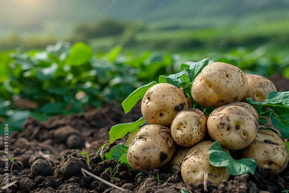 Fresh potatoes growing in a field, ideal for themes related to agriculture, farming, and food production Fresh potatoes growing in a field, ideal for themes related to agriculture, farming, and food production