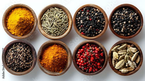 Assorted spices in wooden bowls on a white background, perfect for themes related to cooking, culinary arts, and ingredients