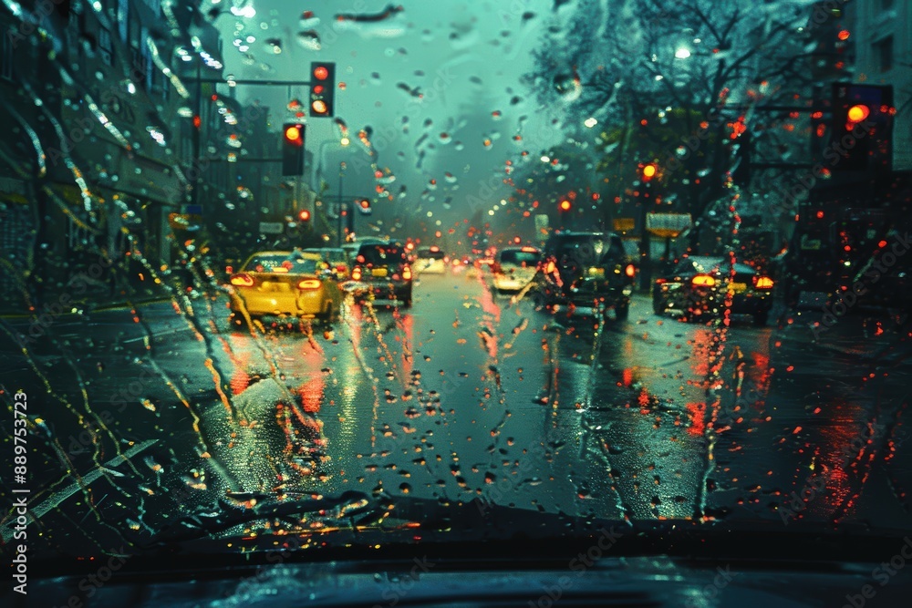 Obraz premium City street seen through a rain-soaked car windshield during a heavy downpour in the evening with traffic lights and cars illuminated by streetlights