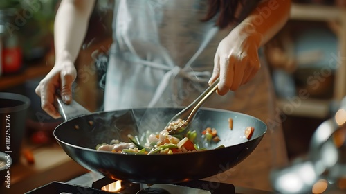 Woman preparing Asian food in wok pan at home