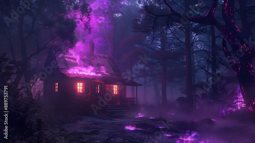 Haunted wooden cabin engulfed in purple flames at night