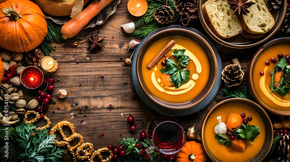 Holiday table decoration with bowls of hot soup Holiday table decoration with bowls of hot soup