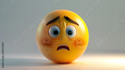 A lifelike 3D yellow emoji with a worried look, raised eyebrows, pursed lips, and a furrowed forehead.