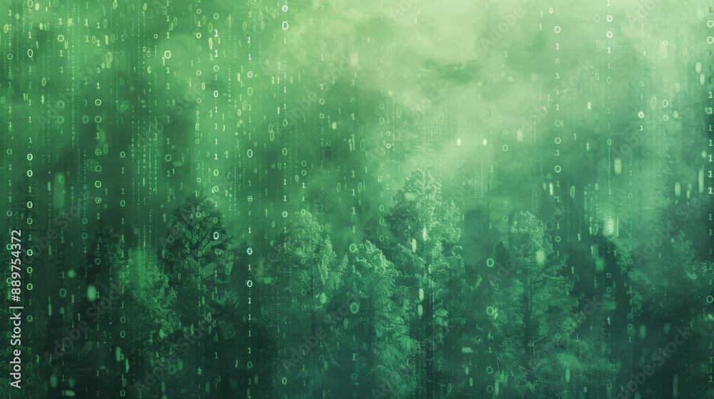 Obraz premium A hazy green forest with a digital overlay of 1's and 0's.