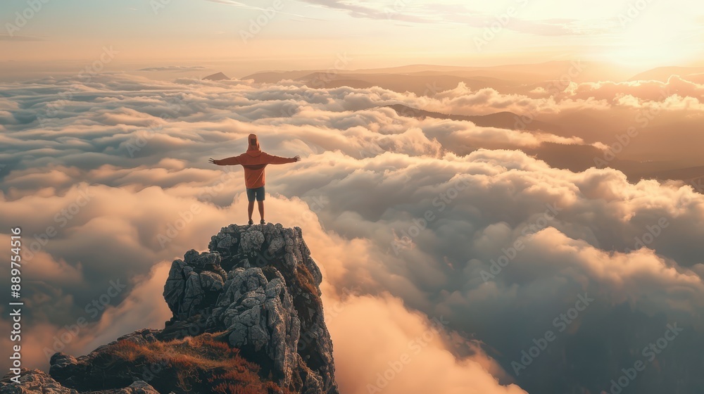 Person standing triumphantly on a mountain peak above the clouds at sunset. Achievement and adventure concept. Person standing triumphantly on a mountain peak above the clouds at sunset. Achievement and adventure concept.