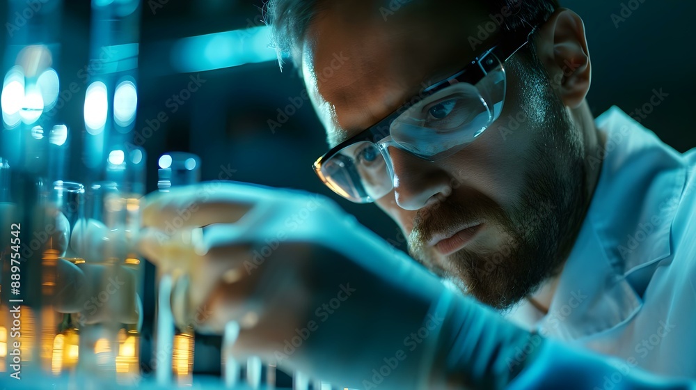 Medical or scientific researcher or man doctor looking at data