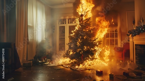 Dramatic image of burning Christmas tree in living room