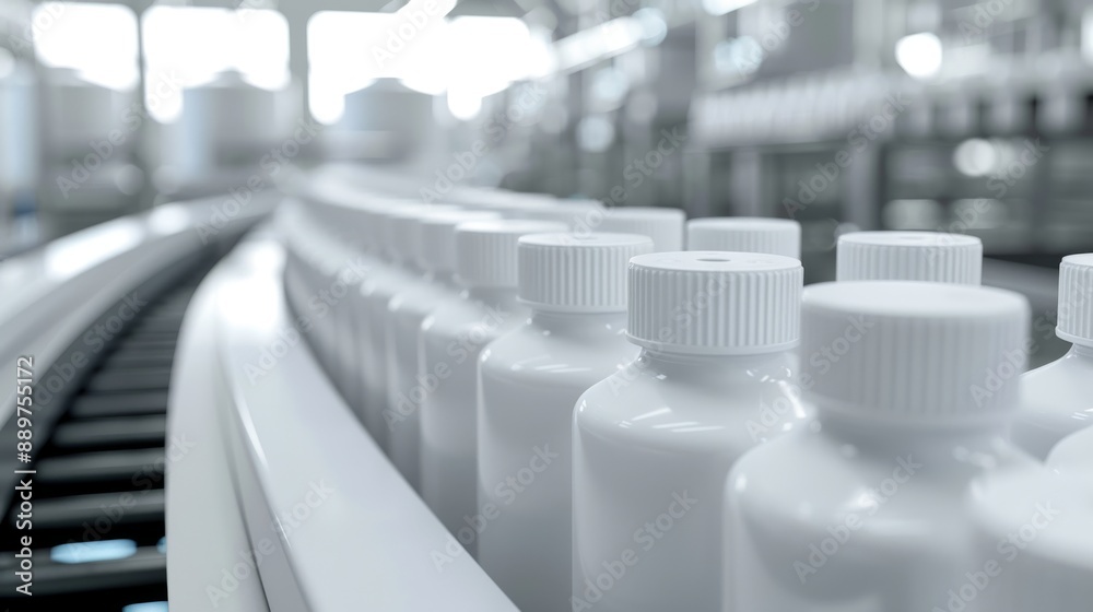 White plastic bottles on a conveyor belt in a pharmaceutical manufacturing factory, close-up shot of packaging for medicines or cosmetics White plastic bottles on a conveyor belt in a pharmaceutical manufacturing factory, close-up shot of packaging for medicines or cosmetics