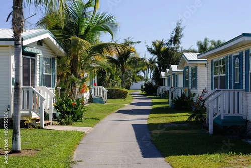 Tropical mobile home community with palm-lined pathway
