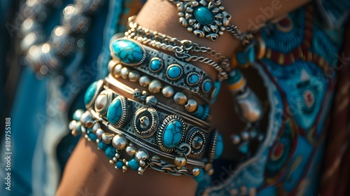 Close-up of a wrist adorned with turquoise and silver jewelry