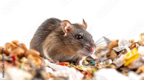 Brown rat scavenging through a pile of trash, highlighting poor hygiene and unsanitary conditions, isolated on a white background, close-up view with space for text