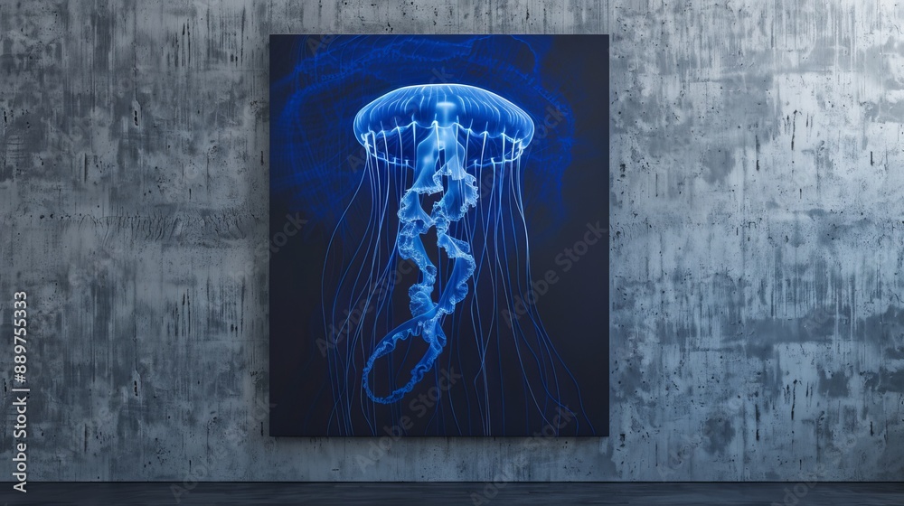 Stylish line art of a jellyfish in blue ink on a navy background, displayed on a concrete wall Stylish line art of a jellyfish in blue ink on a navy background, displayed on a concrete wall