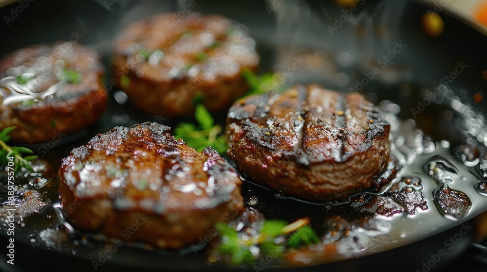 Close up of sizzling meat in a pan. This image is great for advertising restaurants, cooking, or any culinary concept. Close up of sizzling meat in a pan. This image is great for advertising restaurants, cooking, or any culinary concept.