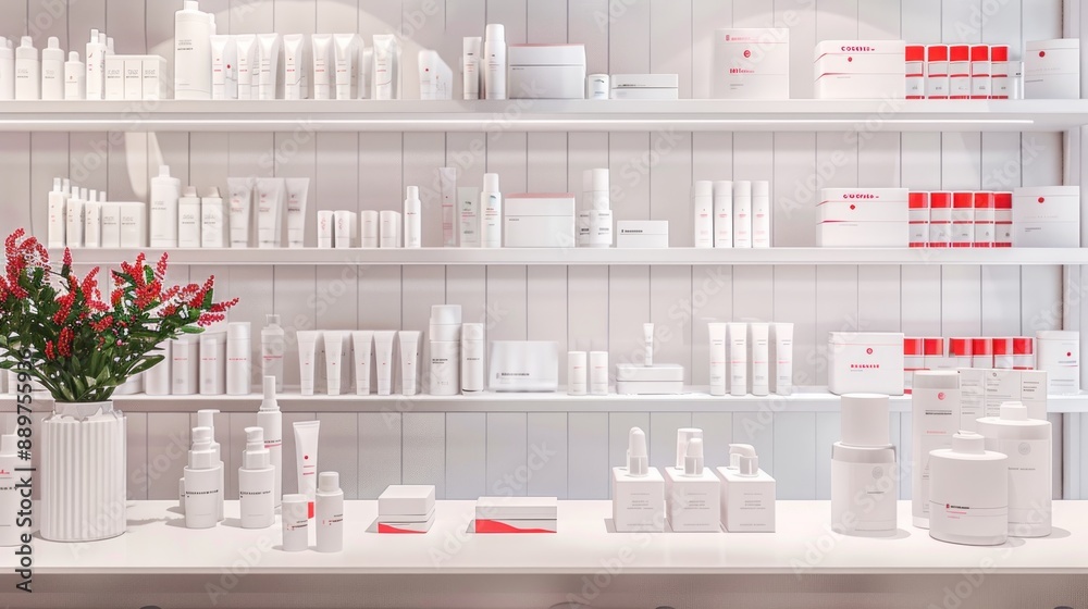 Cosmetics and Beauty Products Displayed on White Shelves Cosmetics and Beauty Products Displayed on White Shelves