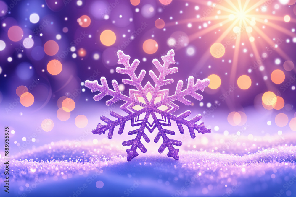 Snowflake-shaped object with intricate designs, set against a backdrop of sparkling lights and a purple hue. Snowflake-shaped object with intricate designs, set against a backdrop of sparkling lights and a purple hue.